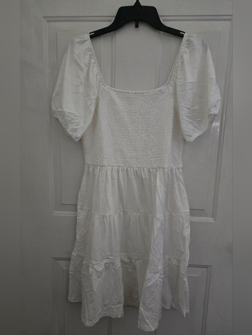 White Puff-Sleeve Smocked Waist Tiered Dress
